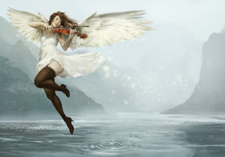 Woman wings violin water mountains - cyril rolando free wallpaper