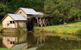 Water mill pond grassy field - the middle of its free wallpaper