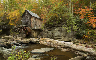 Wooden water mill woods stream - fallen free wallpaper