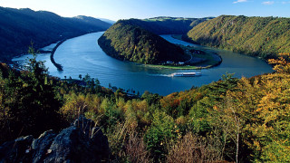 Boat water mountain forest trees - both side free wallpaper