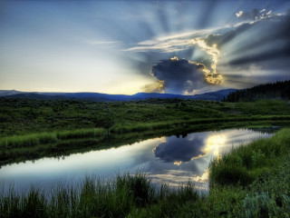 River sky clouds sunrays grass 3 - a sky free wallpaper