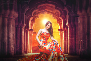 Woman red yellow dress posing - column free wallpaper