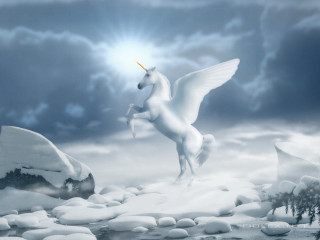White unicorn flying river ice - over a river free wallpaper