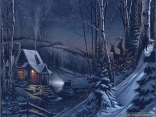 Cabin woods night full moon - kinkade free wallpaper