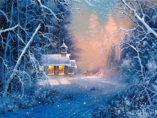 Snowy scene house trees road - magical atmosphere free wallpaper