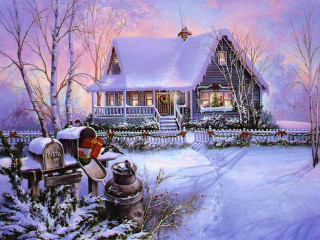 House snow mailbox foreground painting - thomas kindkade free wallpaper