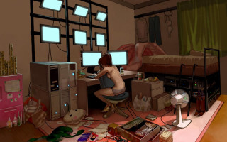 Woman sitting desk room computer - free cyberpunk wallpaper