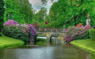 Bridge river green trees flower - a bridge over a river free wallpaper