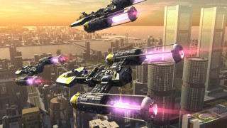 Futuristic city flying vehicles sunset - vehicle free wallpaper