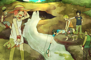 Cliff river waterfall group man - plein air free wallpaper