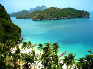 Beach trees boat water mountain - the water near a mountain range free wallpaper