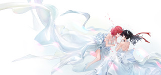 Women white dresses red hair - fabric free wallpaper