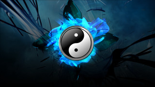 Yin blue flames black background - symmetrical free wallpaper