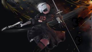 Woman sword dress flame background - nier:automata free wallpaper