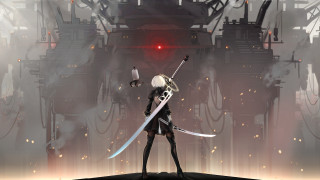 Person holding sword machine room - nier:automata free wallpaper