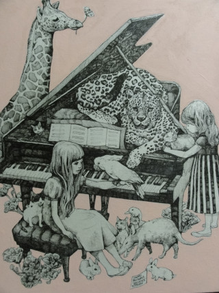 Girl playing piano animals giraffes - a piano free wallpaper for mobile