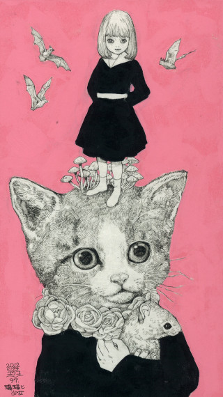 Girl cat rose bird surrealism - pop surrealism free wallpaper for mobile