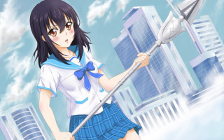 Girl school uniform broom cityscape - a girl in a school uniform holding free wallpaper