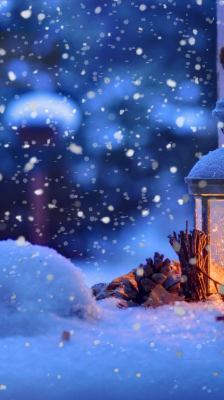 Lantern lit snow pinecones ground - free winter wallpaper for mobile
