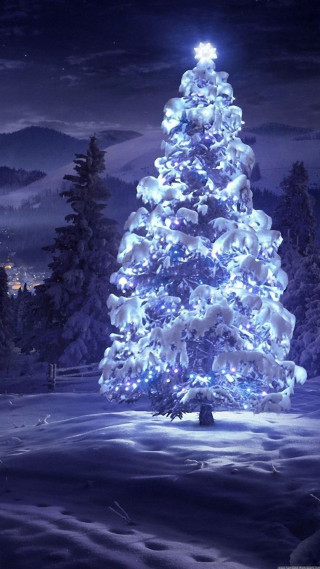 Lit christmas tree snowy night 4 - free christmas wallpaper for mobile