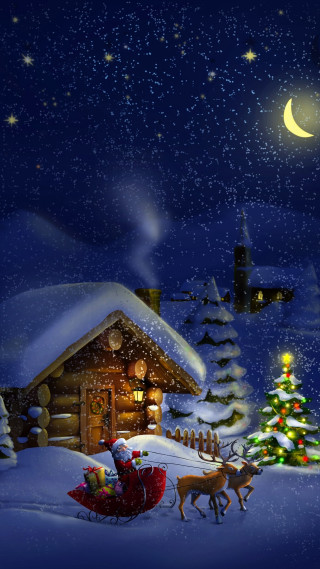 Christmas santa sleigh house tree - a christmas scene free wallpaper