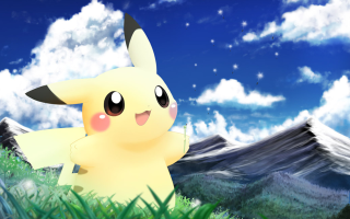 Pikachu sitting grass mountains background - pokemon free wallpaper for desktop