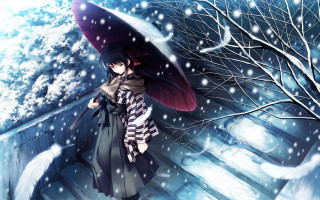 Snowy umbrella woman japanese clothes - tree and snow free wallpaper