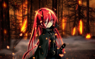 Girl red hair sword forest - anime free wallpaper
