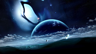 Space scene distant planet surfboard - a distant object in the distance free wallpaper