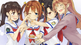 Anime girls eating cake smiling - one girl free wallpaper