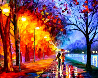 Rainy street umbrella impressionism autumn - rainy free wallpaper