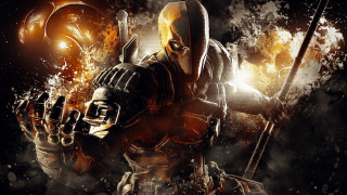 Man yellow mask gun knife - a fireball in the background free wallpaper