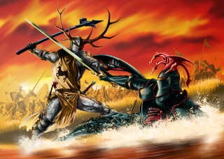 Knights fighting water red sky - a red sky in the background free wallpaper