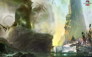 Giant creature fantasy land waterfall - anato finnstark free wallpaper