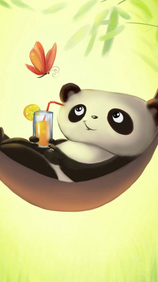 Panda hammock drink butterfly relaxing - a panda bear free wallpaper for mobile