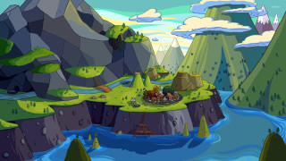 Cartoon island campsite river scenery - a cartoon scene free wallpaper