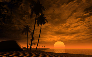 Sunset palm trees boat water 3 - palm tree and a boat free wallpaper