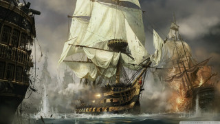 Ship ocean smoke background painting - a painting of a ship in the ocean free wallpaper