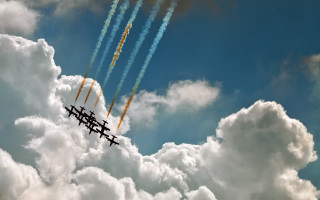 Four airplanes flying formation sky 2 - smoke behind them free wallpaper