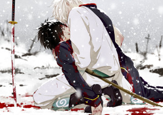 Man kneeling woman snow sword - her hand and blood free wallpaper