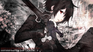 Anime character sword cityscape black - a red eye free wallpaper