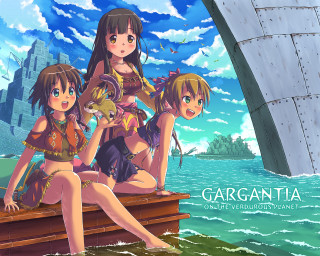 Anime girls dock ship ocean - a sailboat in the background free wallpaper for desktop