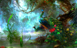 Peacock forest flower water matte - a pond and trees free wallpaper