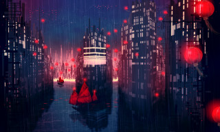 City red lights red boat - cityscape free wallpaper