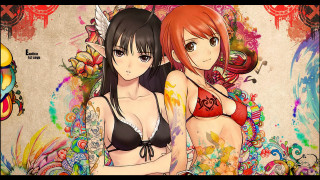 Anime girls bikinis artistic background - the wall behind them free wallpaper