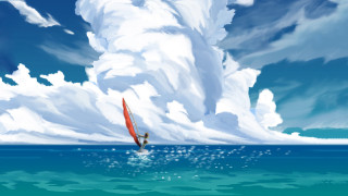 Windsurfing ocean clouds painting person - plein air free wallpaper