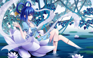 Woman lily pad pond blue - white dress free wallpaper