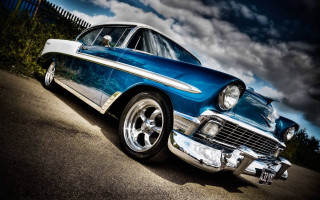 Blue white car parked road 3 - chrome free wallpaper