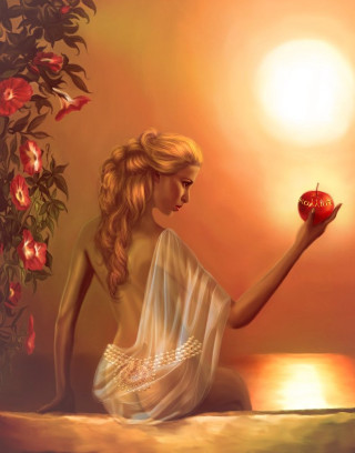Woman holding apple sitting ledge - a ledge free wallpaper for mobile