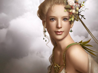 Woman flower hair necklace cloudy - her hair and a necklace free wallpaper